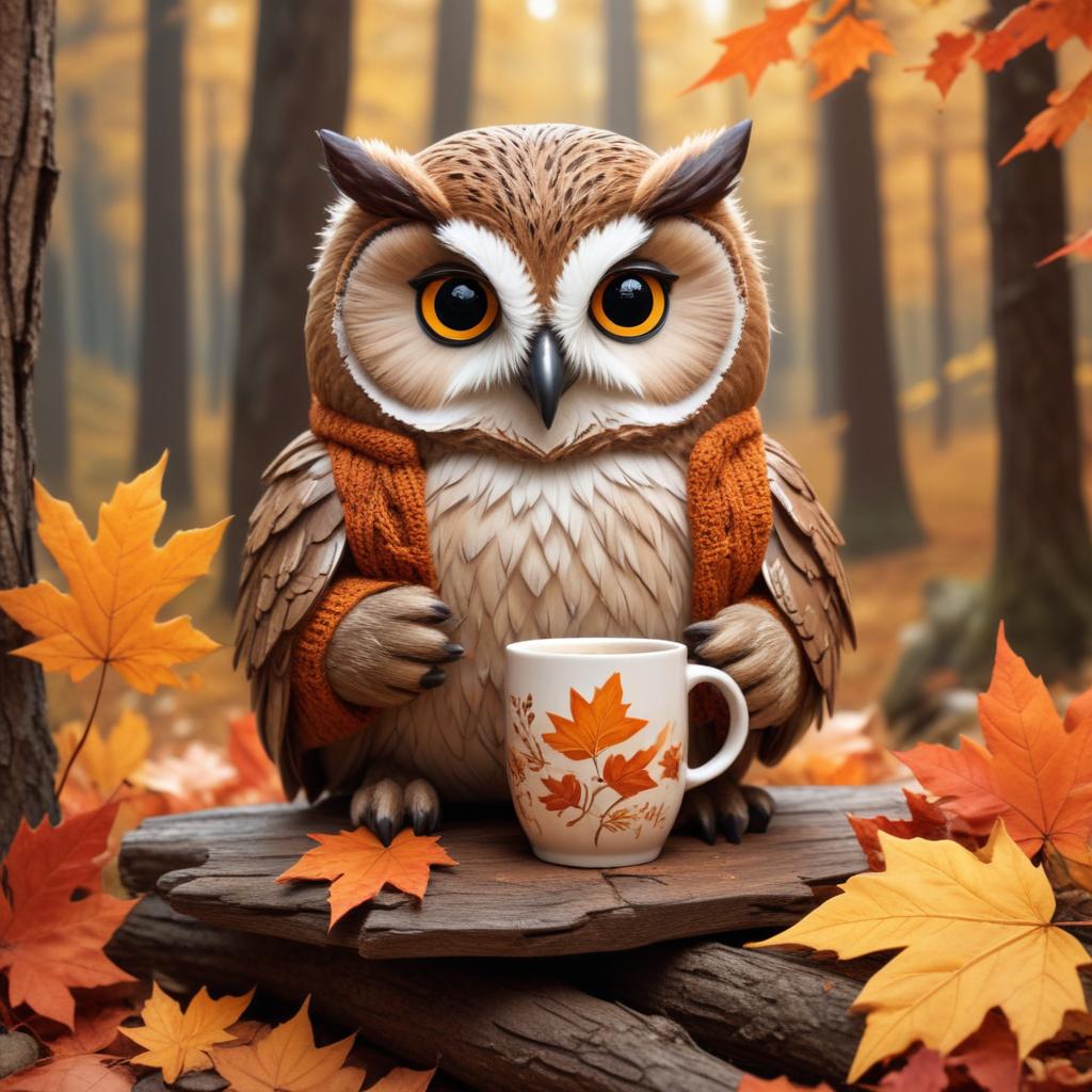 Owl holding mug in autumn setting Owl holding mug in autumn setting