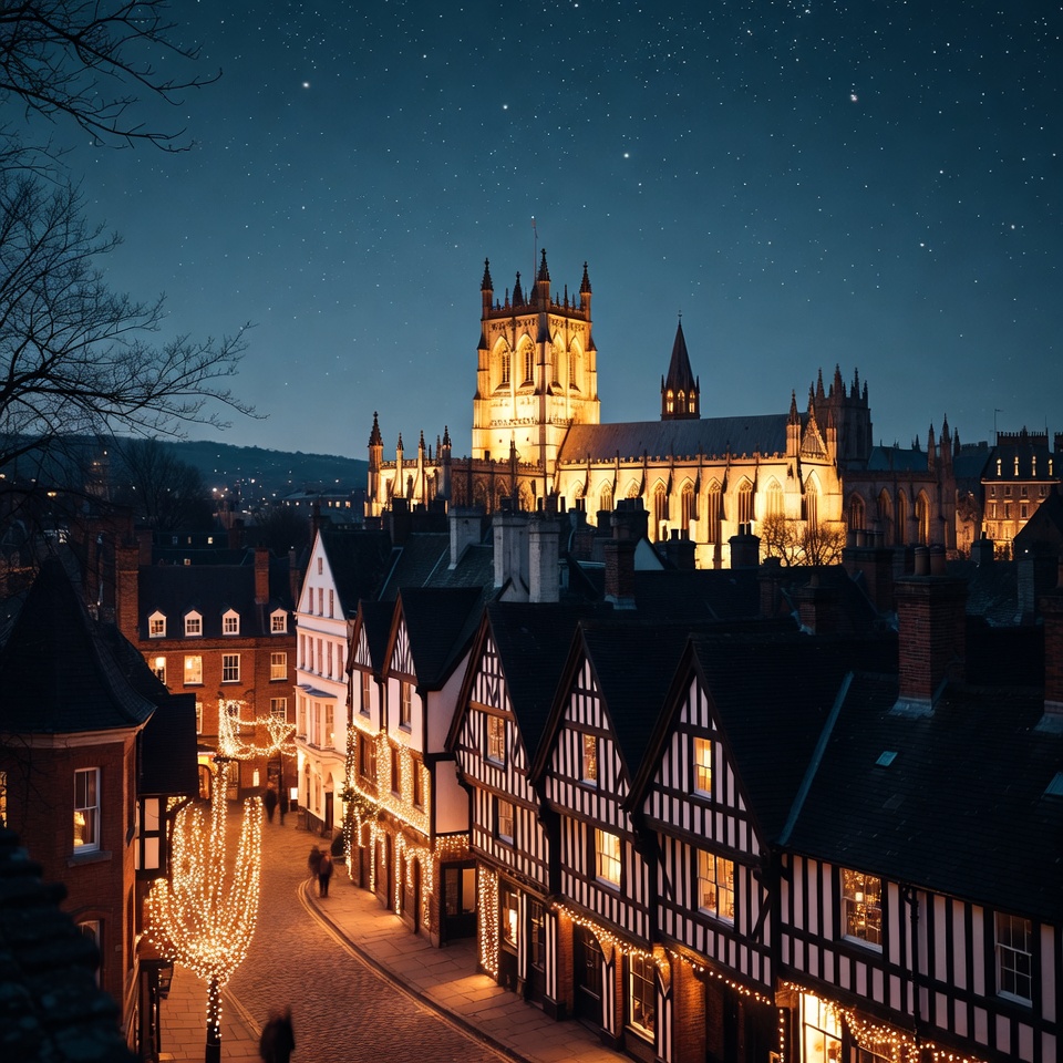 Cathedral shines over historic street at night Cathedral shines over historic street at night