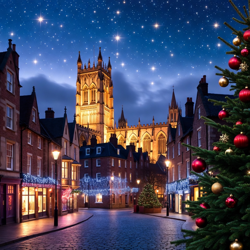 Christmas lights in town square at night Christmas lights in town square at night