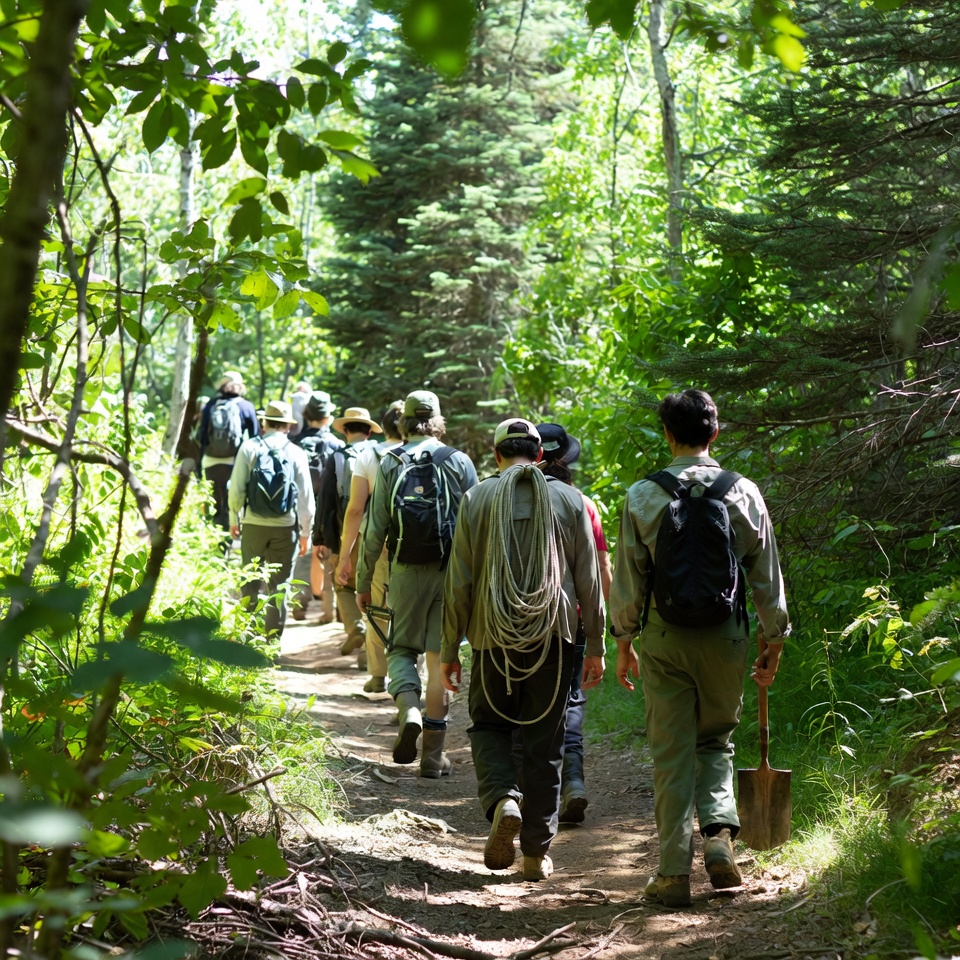 Group of hikers on a forest trail Group of hikers on a forest trail