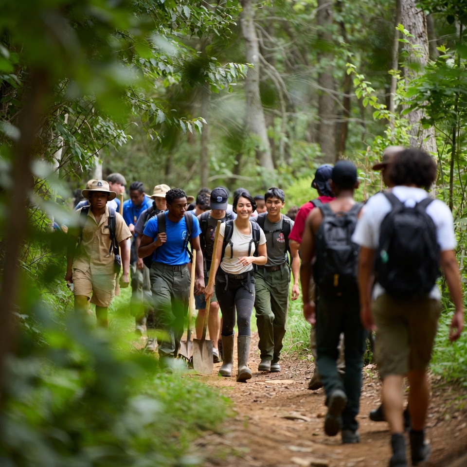 Group hiking through forest trails in daylight Group hiking through forest trails in daylight