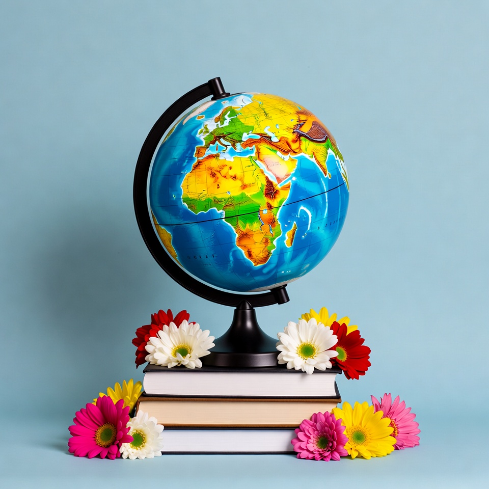 Globe on stacked books with flowers Globe on stacked books with flowers