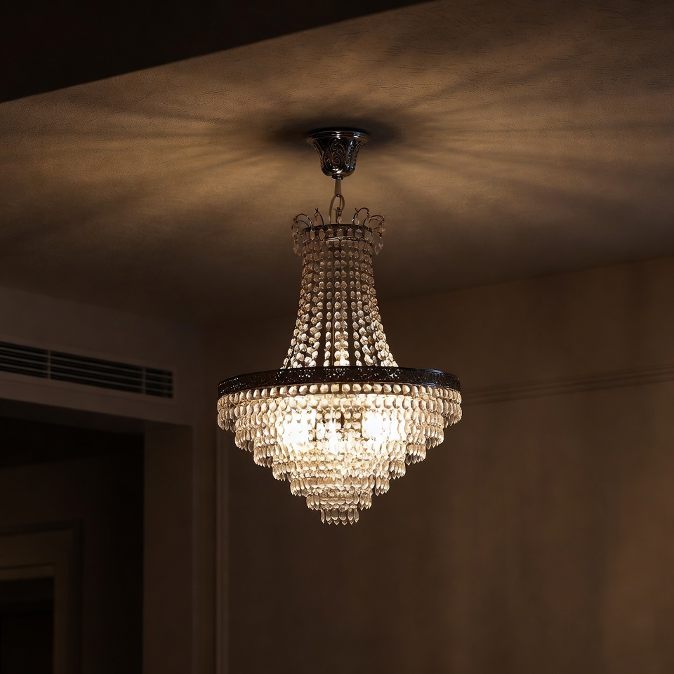 Elegant crystal chandelier hangs inside room Elegant crystal chandelier hangs inside room
