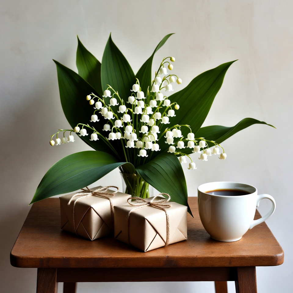 Flowers, gifts, and coffee on a table Flowers, gifts, and coffee on a table