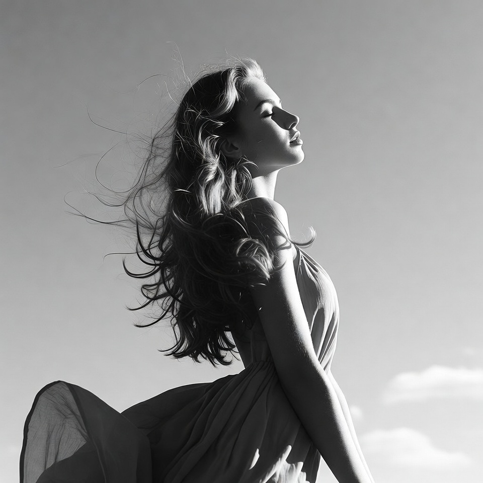 Woman in wind against clear sky Woman in wind against clear sky