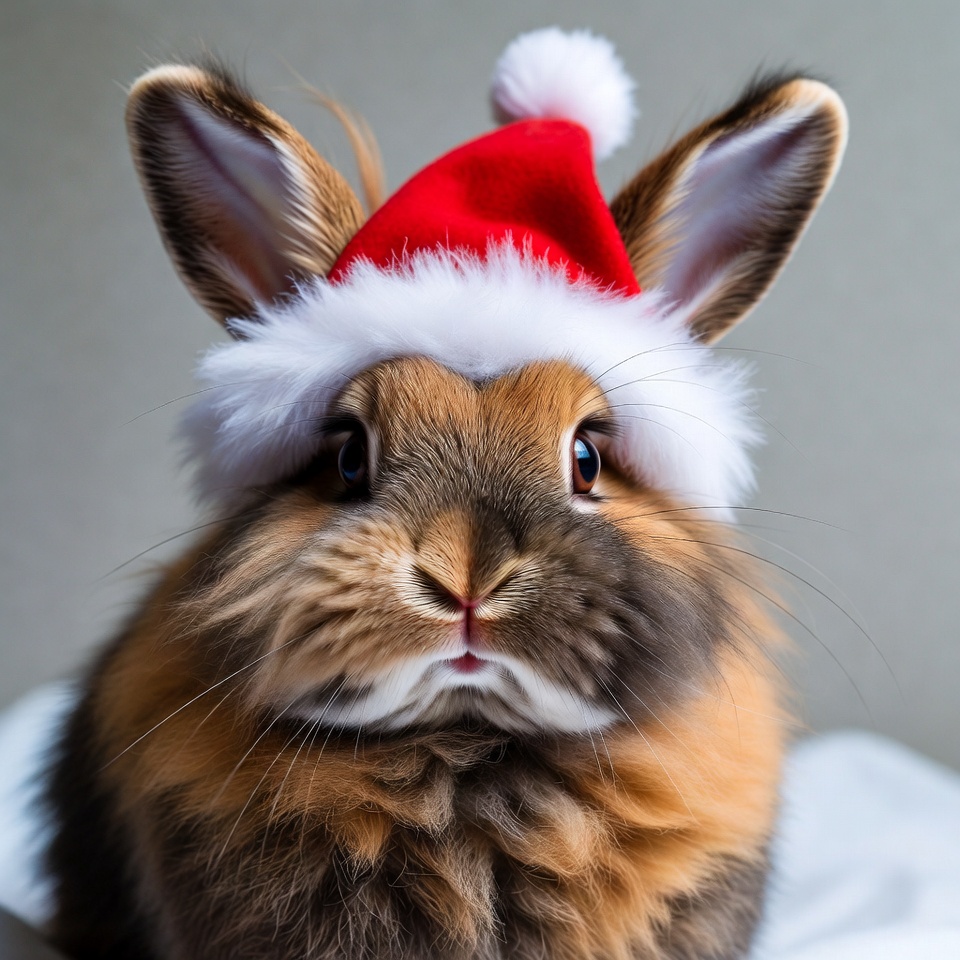 Rabbit wearing christmas hat indoors Rabbit wearing christmas hat indoors
