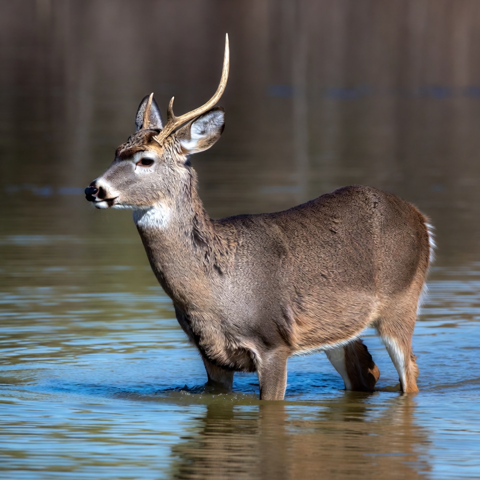 Deer wades through water in nature Deer wades through water in nature