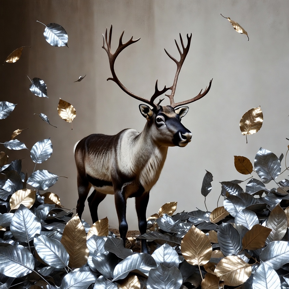 Reindeer among silver and gold leaves Reindeer among silver and gold leaves