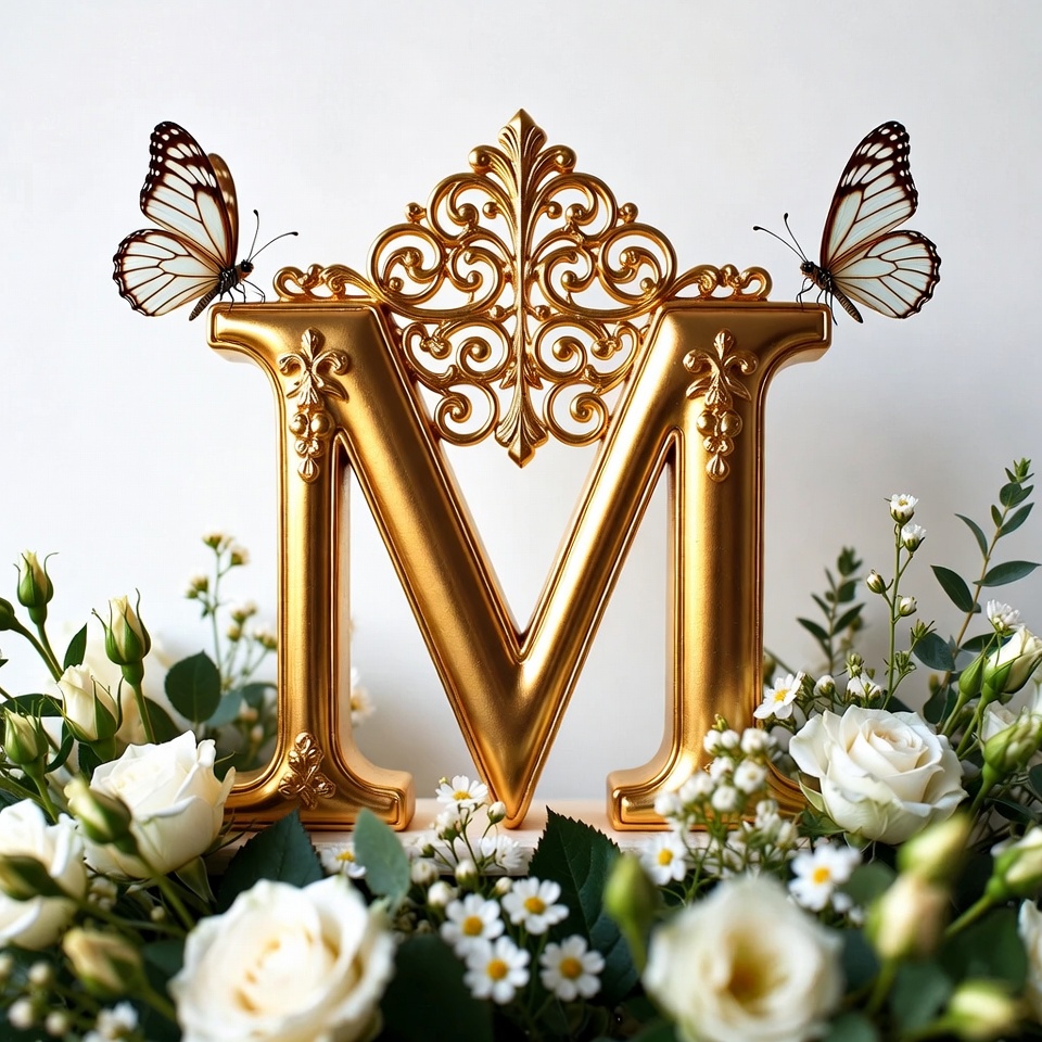 Golden letter in flowers and butterflies Golden letter in flowers and butterflies