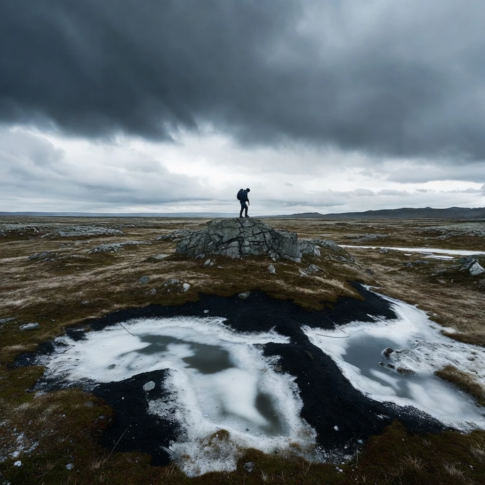 Person stands on rock in a cloudy landscape Person stands on rock in a cloudy landscape