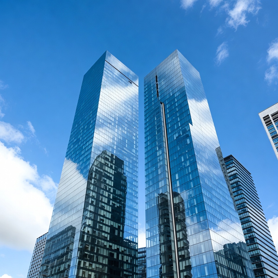 Tall buildings reflect sky and clouds Tall buildings reflect sky and clouds