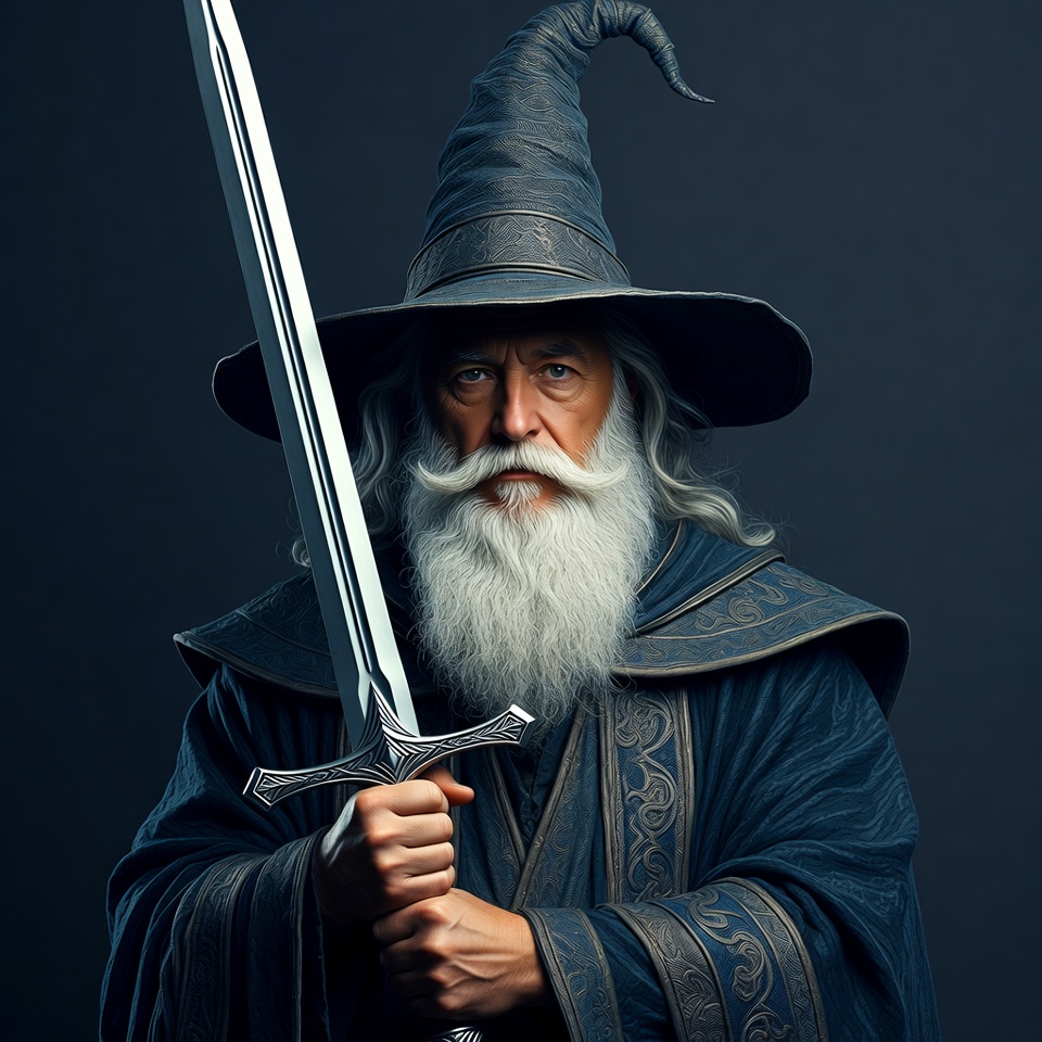 Wizard holding sword in dark setting Wizard holding sword in dark setting