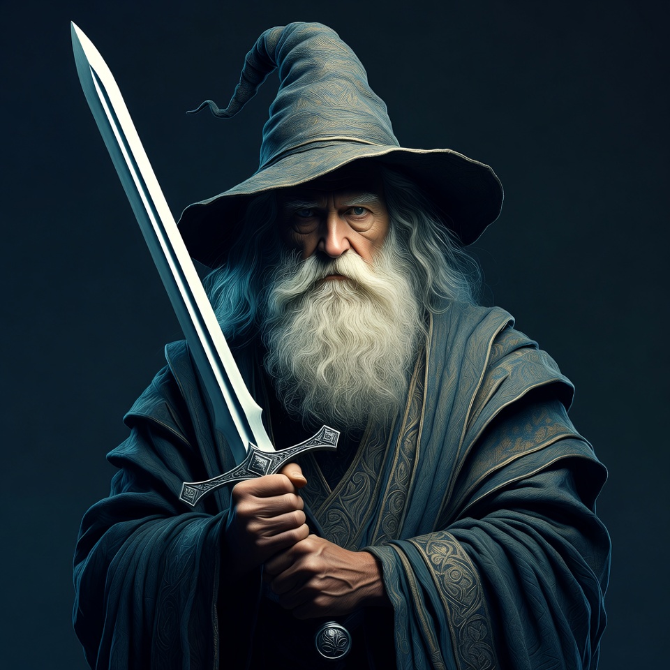 Old wizard holding a sword in dark setting Old wizard holding a sword in dark setting