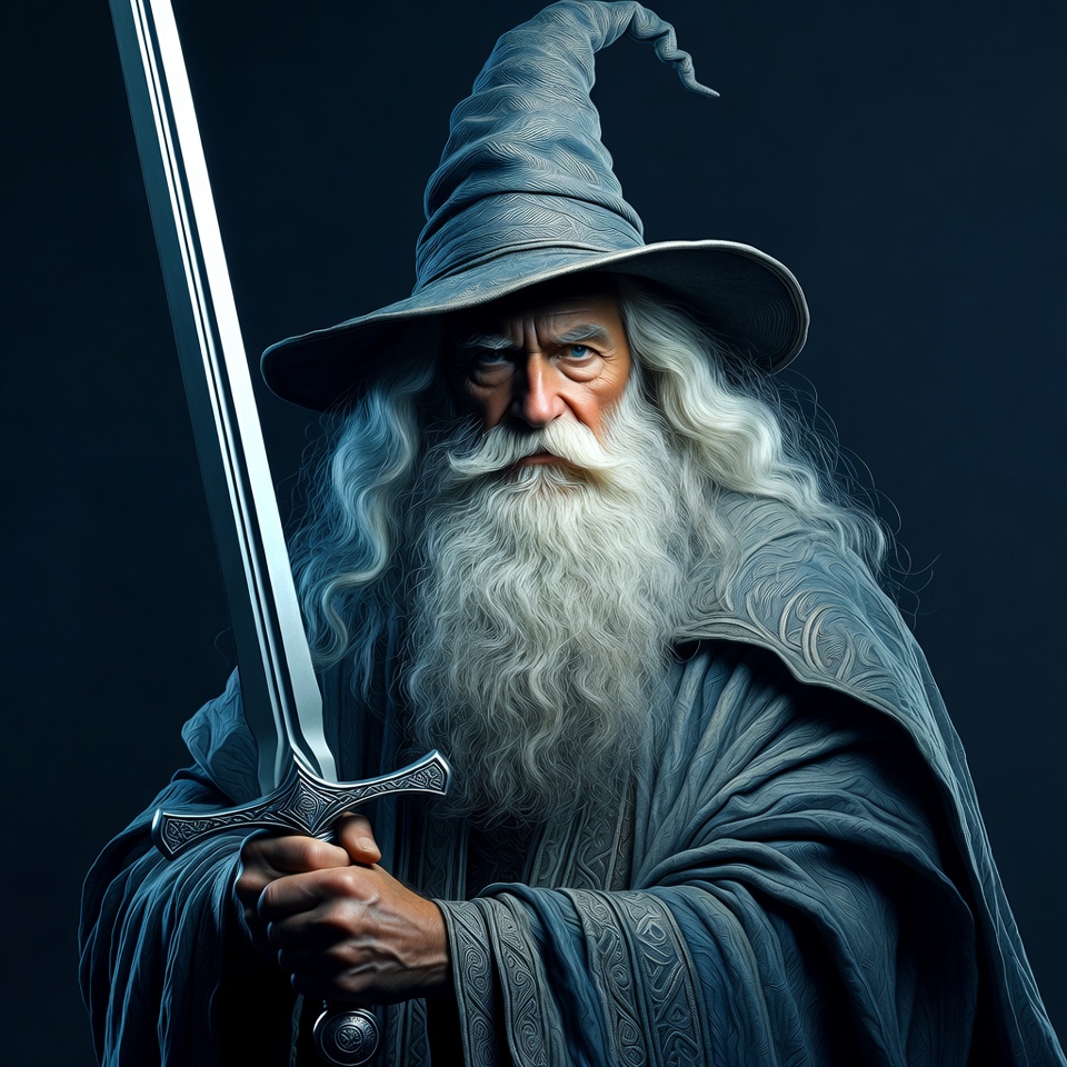 Wizard holding sword in dark setting Wizard holding sword in dark setting