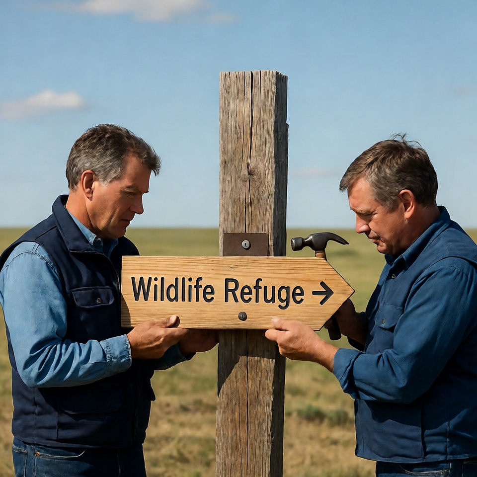 Men installing wildlife refuge sign Men installing wildlife refuge sign