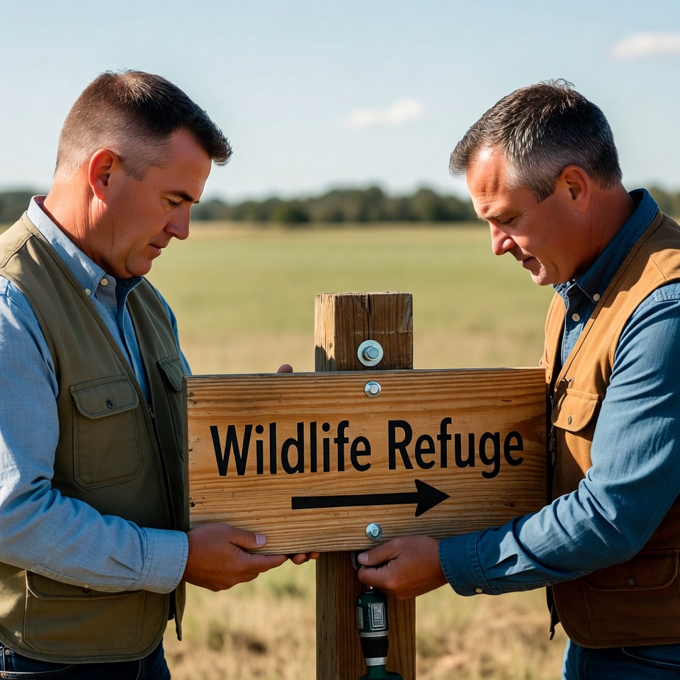 Setting up a wildlife refuge sign Setting up a wildlife refuge sign