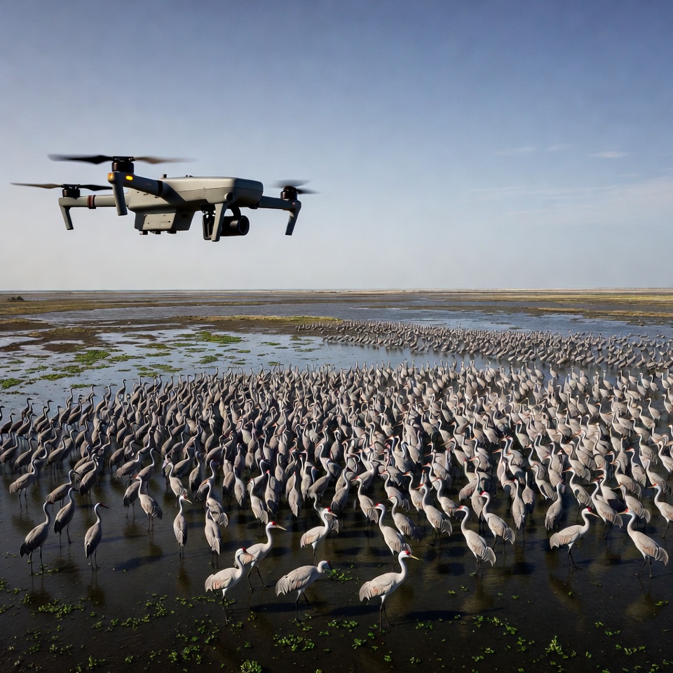 Drone above flock of cranes in wetland Drone above flock of cranes in wetland