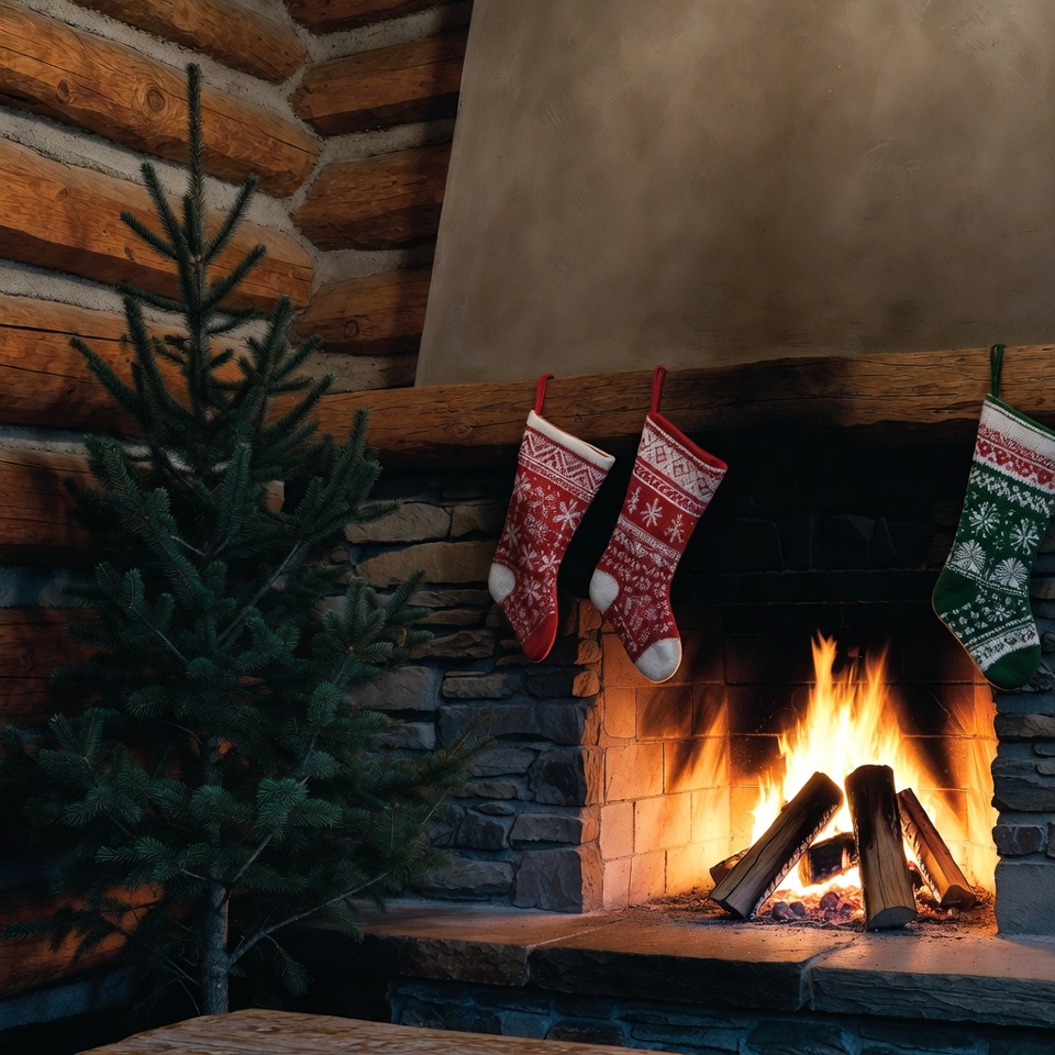 Warm holiday scene with stockings hanging Warm holiday scene with stockings hanging