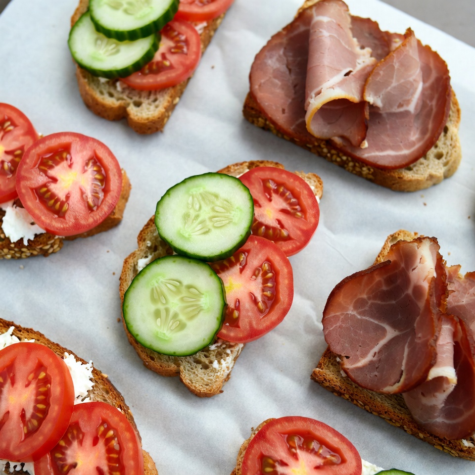 Open sandwiches with toppings on a table Open sandwiches with toppings on a table