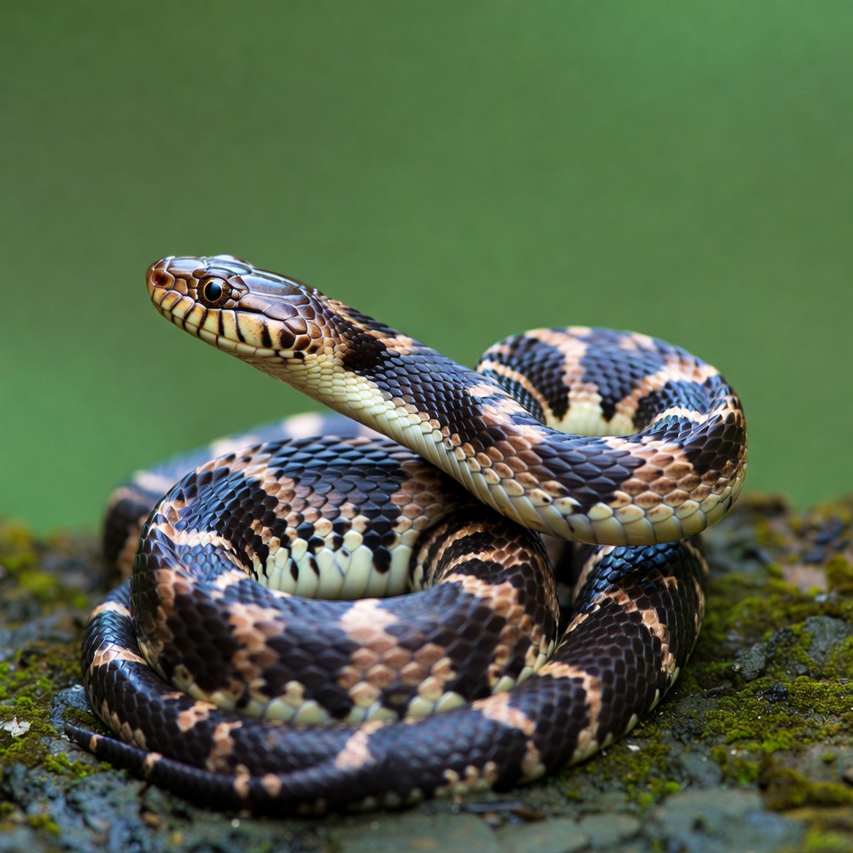 Snake resting on a mossy log Snake resting on a mossy log