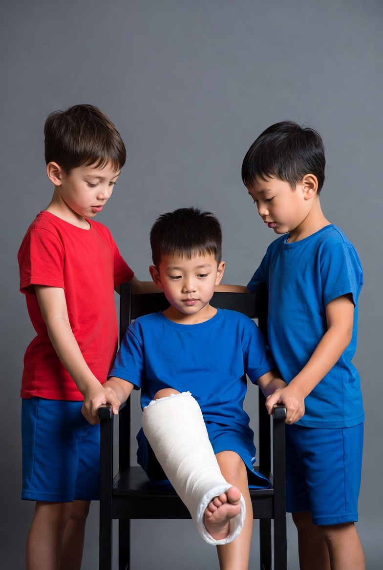 Friends support boy with leg cast Friends support boy with leg cast