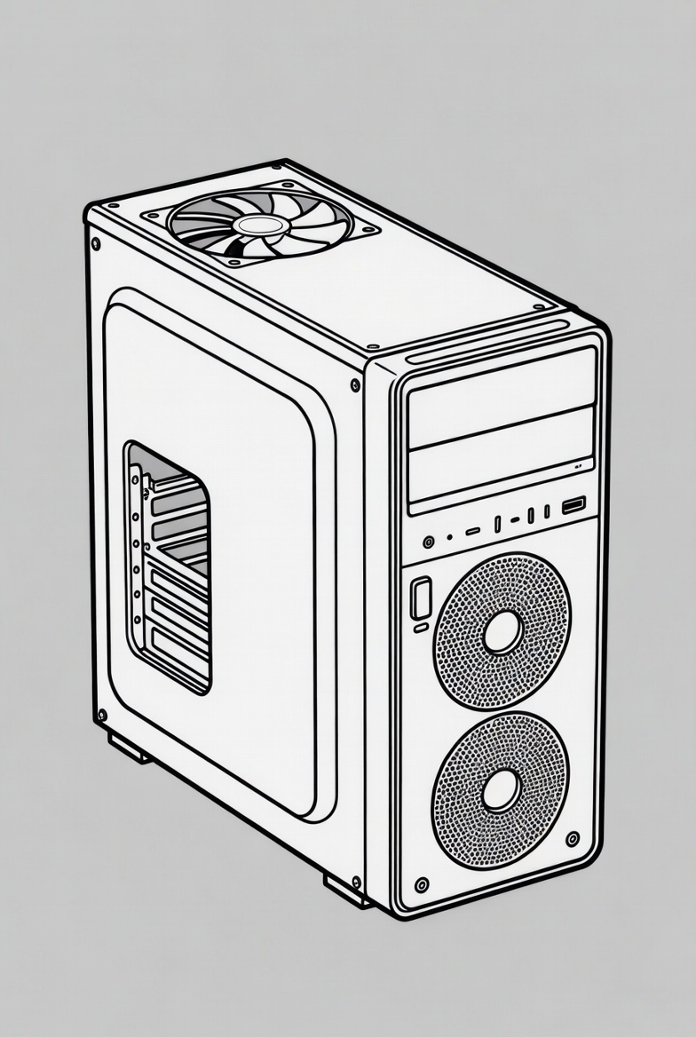 Computer case design sketch with fan Computer case design sketch with fan