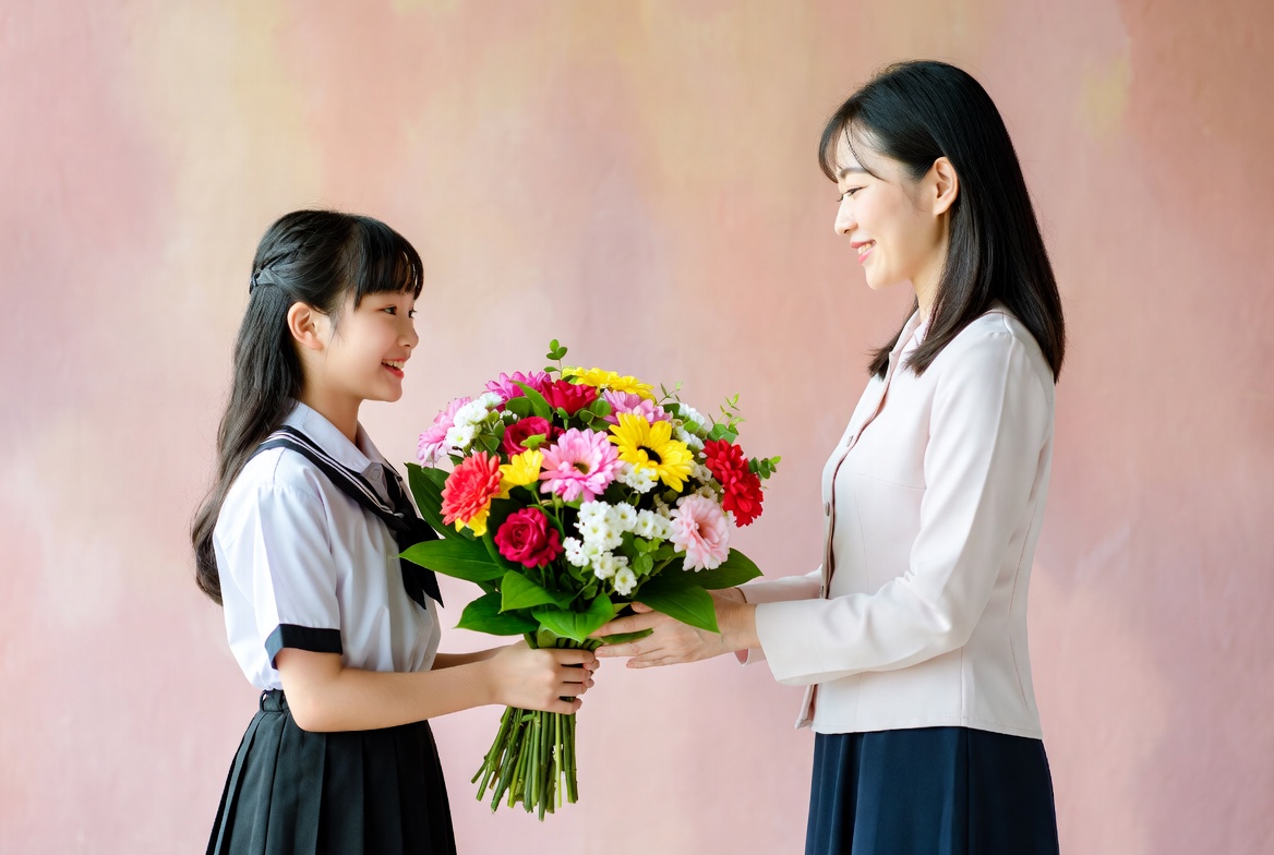 Young girl gives flowers to woman Young girl gives flowers to woman