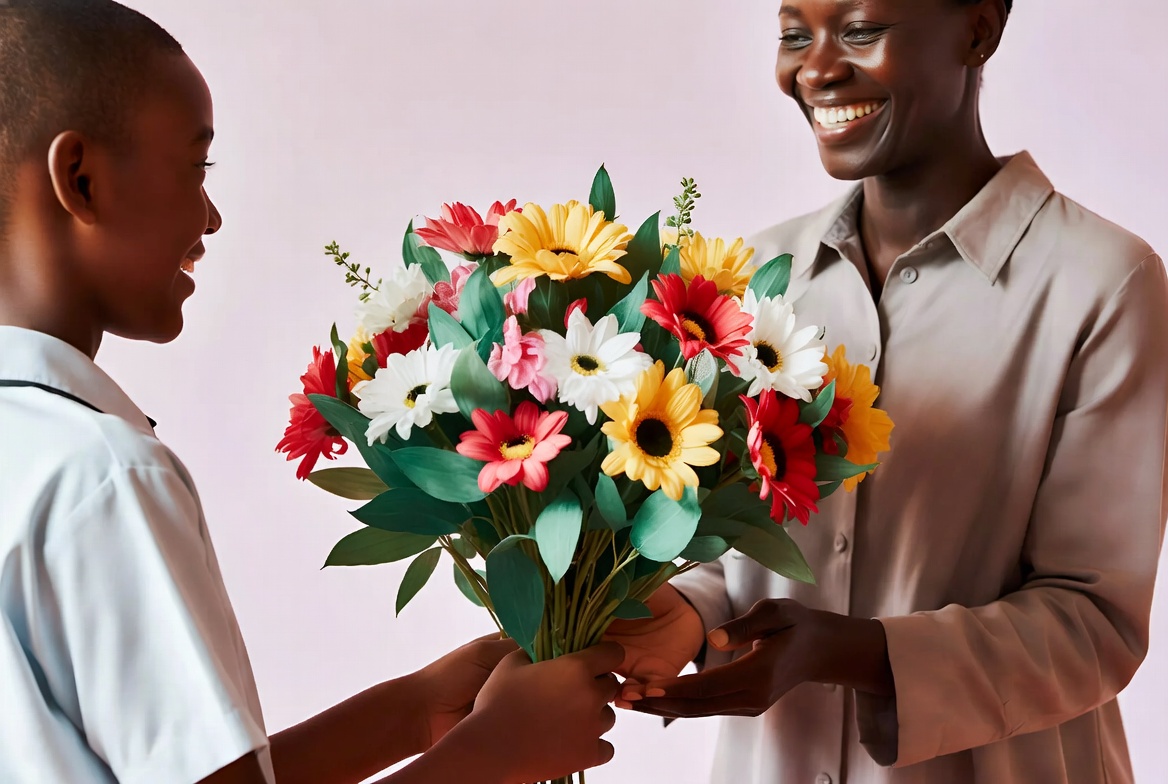 Boy presents flowers to adult Boy presents flowers to adult