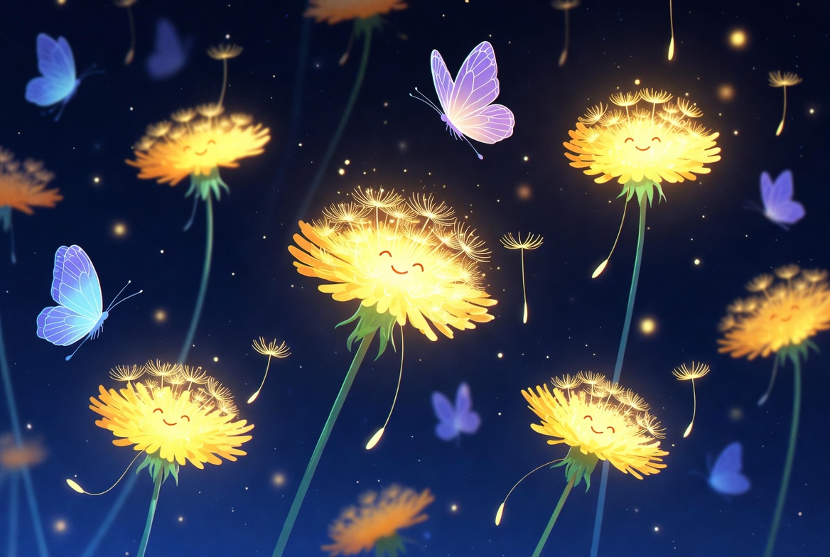 Dandelions and butterflies in night sky Dandelions and butterflies in night sky