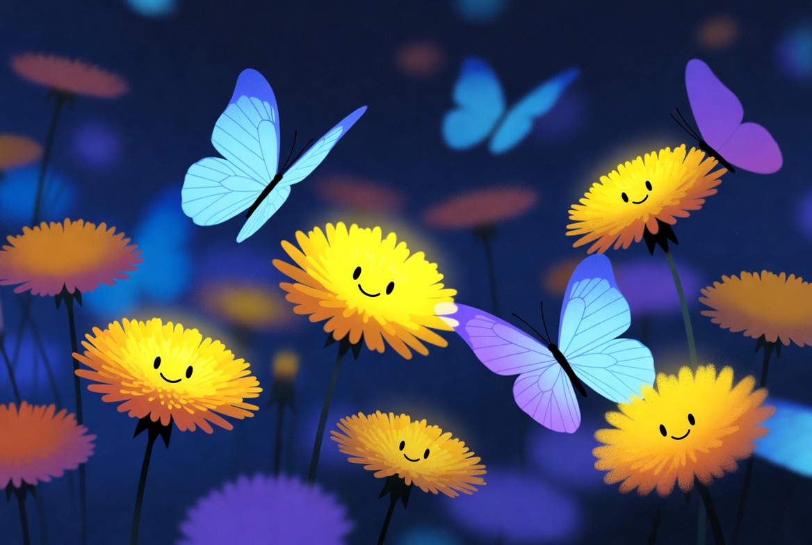 Happy flowers and butterflies in a scene Happy flowers and butterflies in a scene