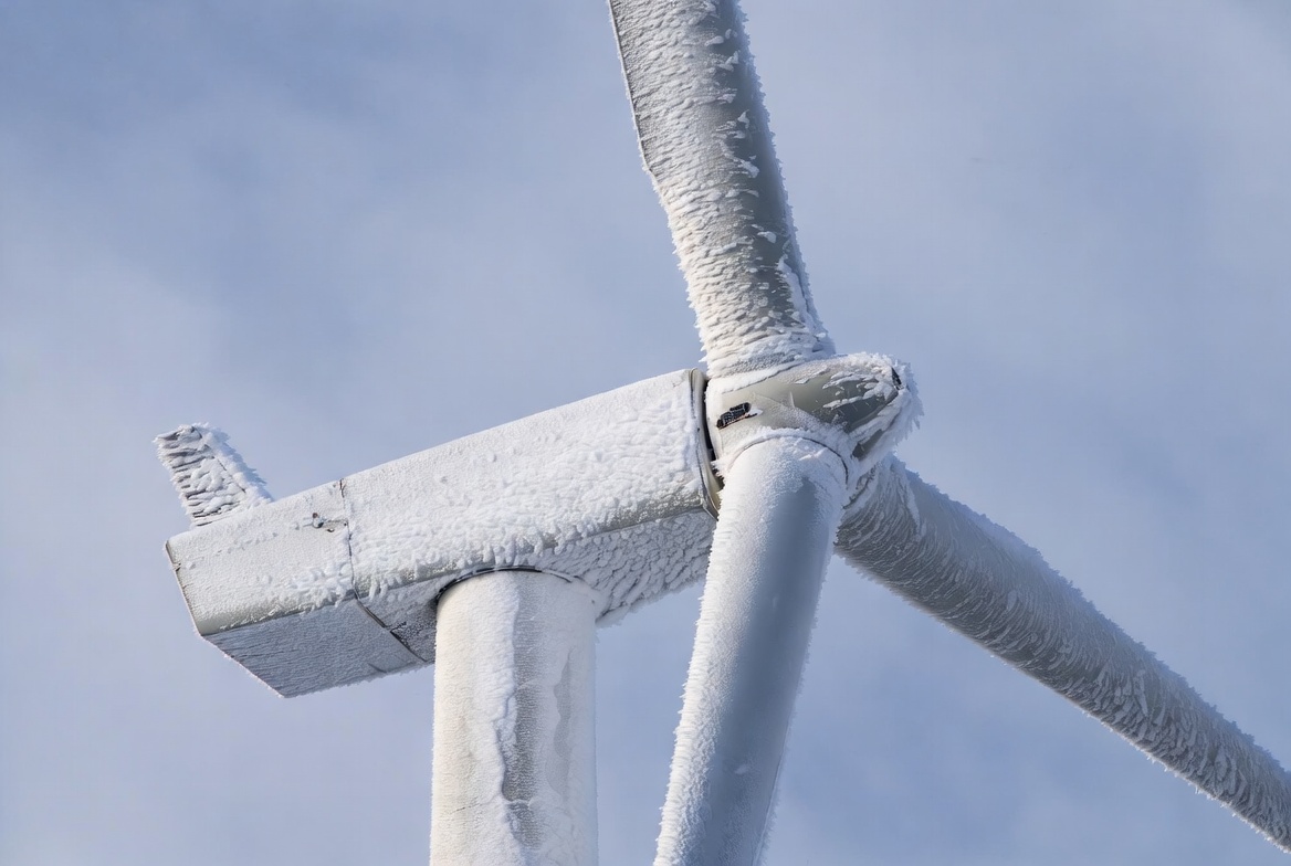 Wind turbine covered in frost on a winter day Wind turbine covered in frost on a winter day