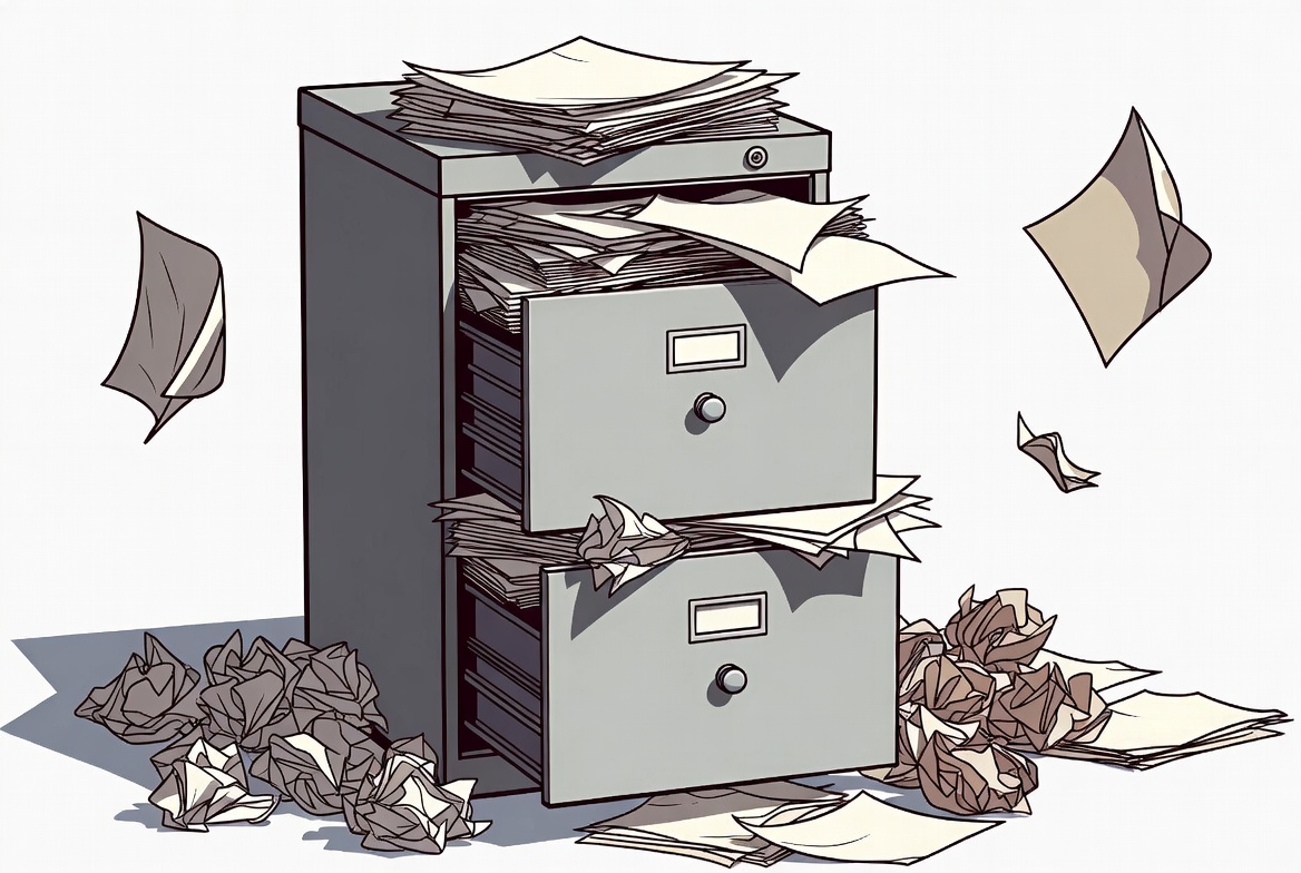 Messy filing cabinet with papers everywhere Messy filing cabinet with papers everywhere