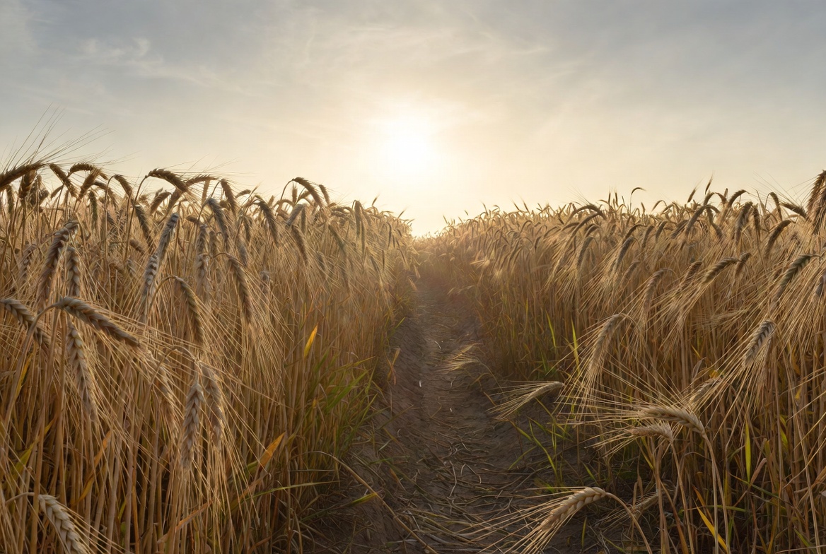 Wheat field at sunset near path Wheat field at sunset near path