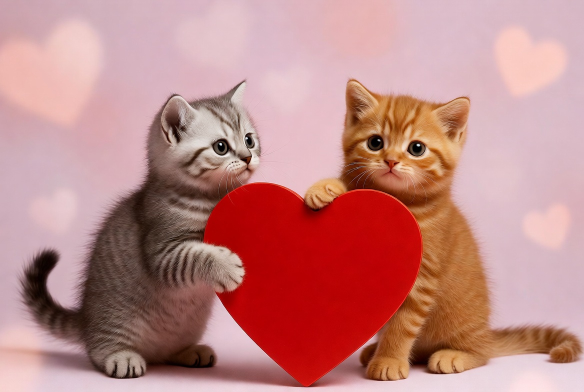 Kittens holding a red heart shape Kittens holding a red heart shape