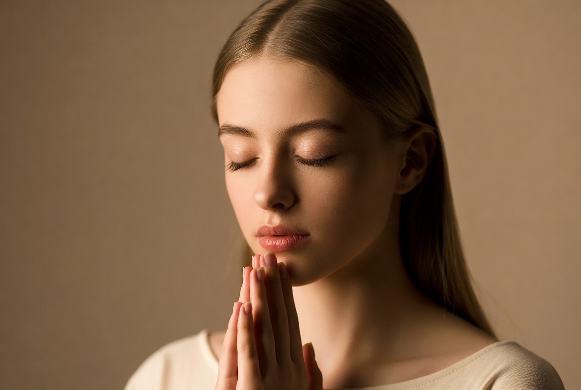 Young woman with hands in prayer Young woman with hands in prayer