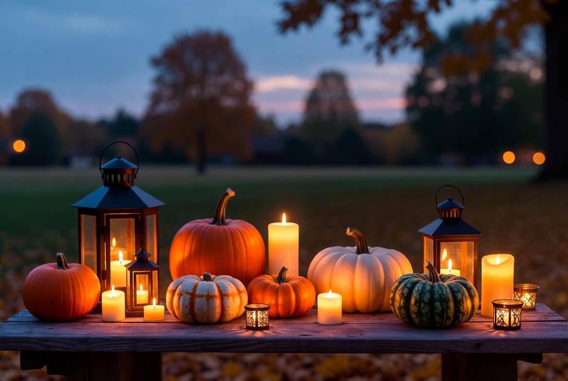 Autumn evening with pumpkins and lanterns Autumn evening with pumpkins and lanterns