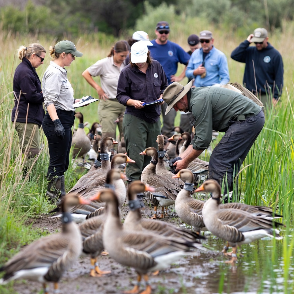 Researchers banding geese by the river Researchers banding geese by the river