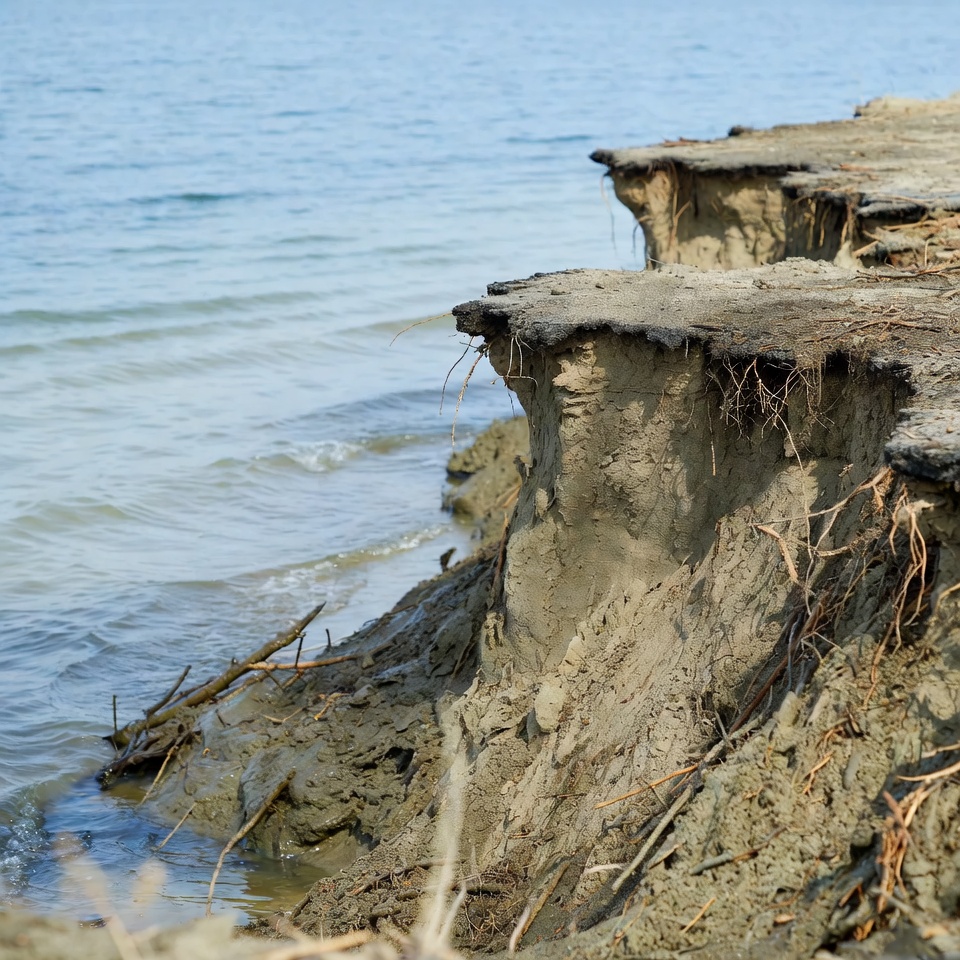 Erosion along riverbank with exposed soil Erosion along riverbank with exposed soil