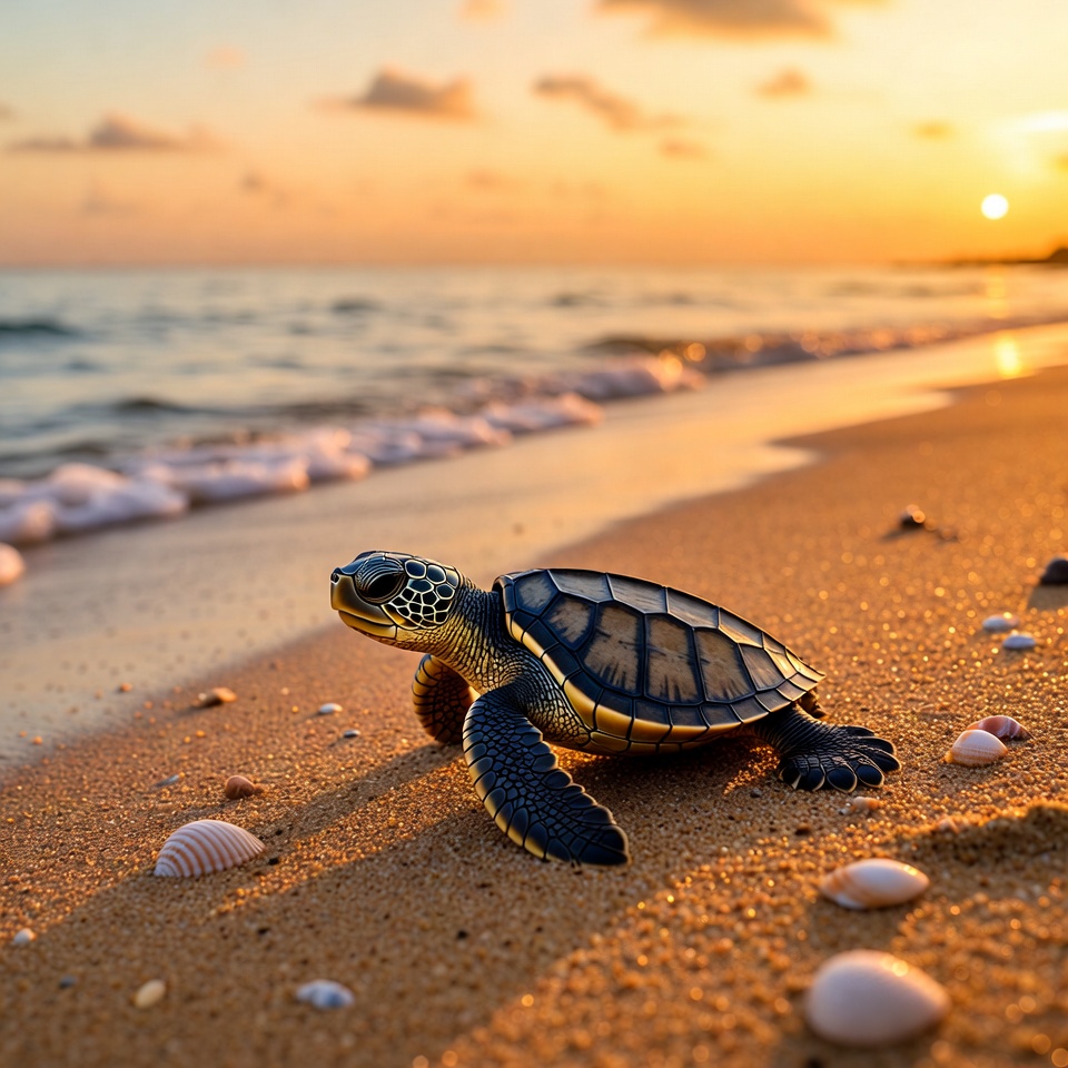 Turtle on the beach at sunset Turtle on the beach at sunset