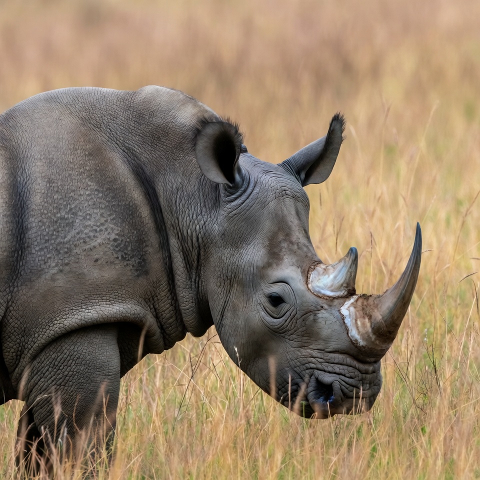Rhino grazing in grassland at sunset Rhino grazing in grassland at sunset