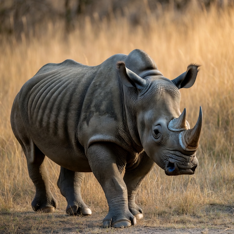 Rhino walking in grassland during sunset Rhino walking in grassland during sunset