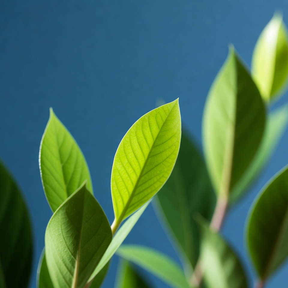 Green leaves on blue background Green leaves on blue background