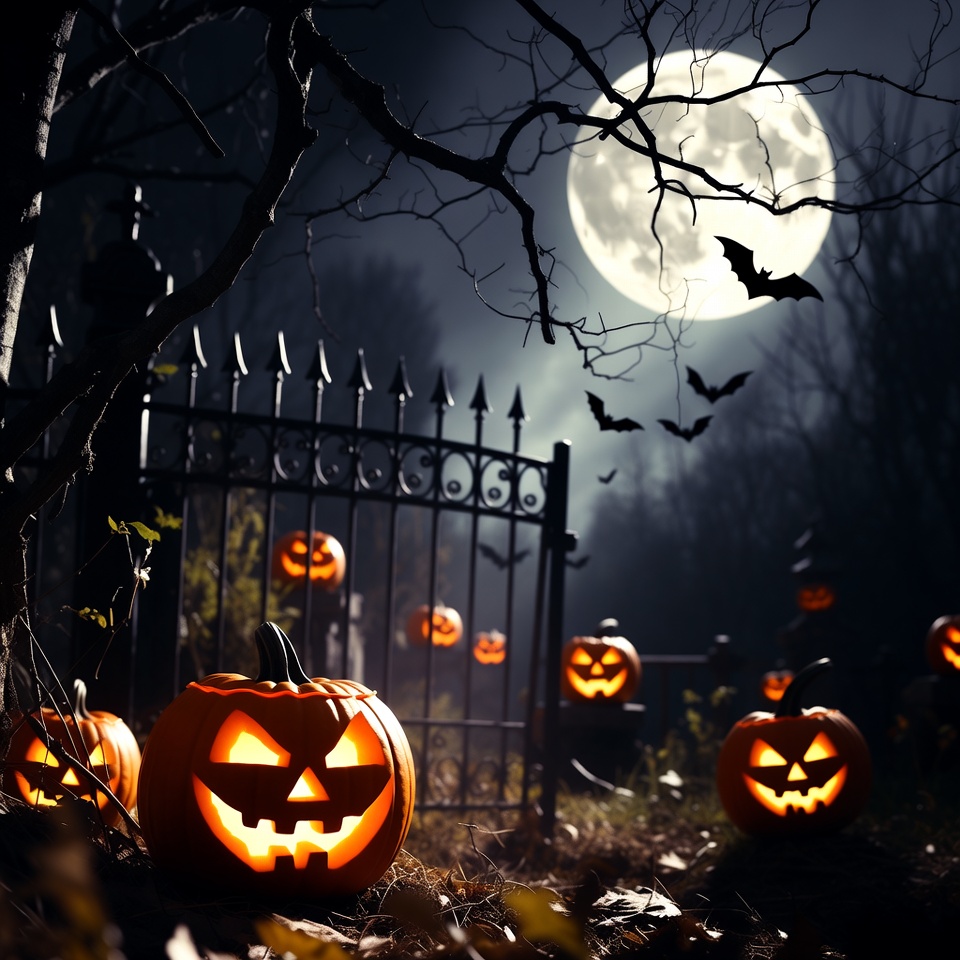 Halloween pumpkins at night in a graveyard Halloween pumpkins at night in a graveyard