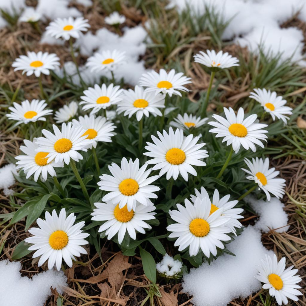Daisies growing in winter landscape Daisies growing in winter landscape