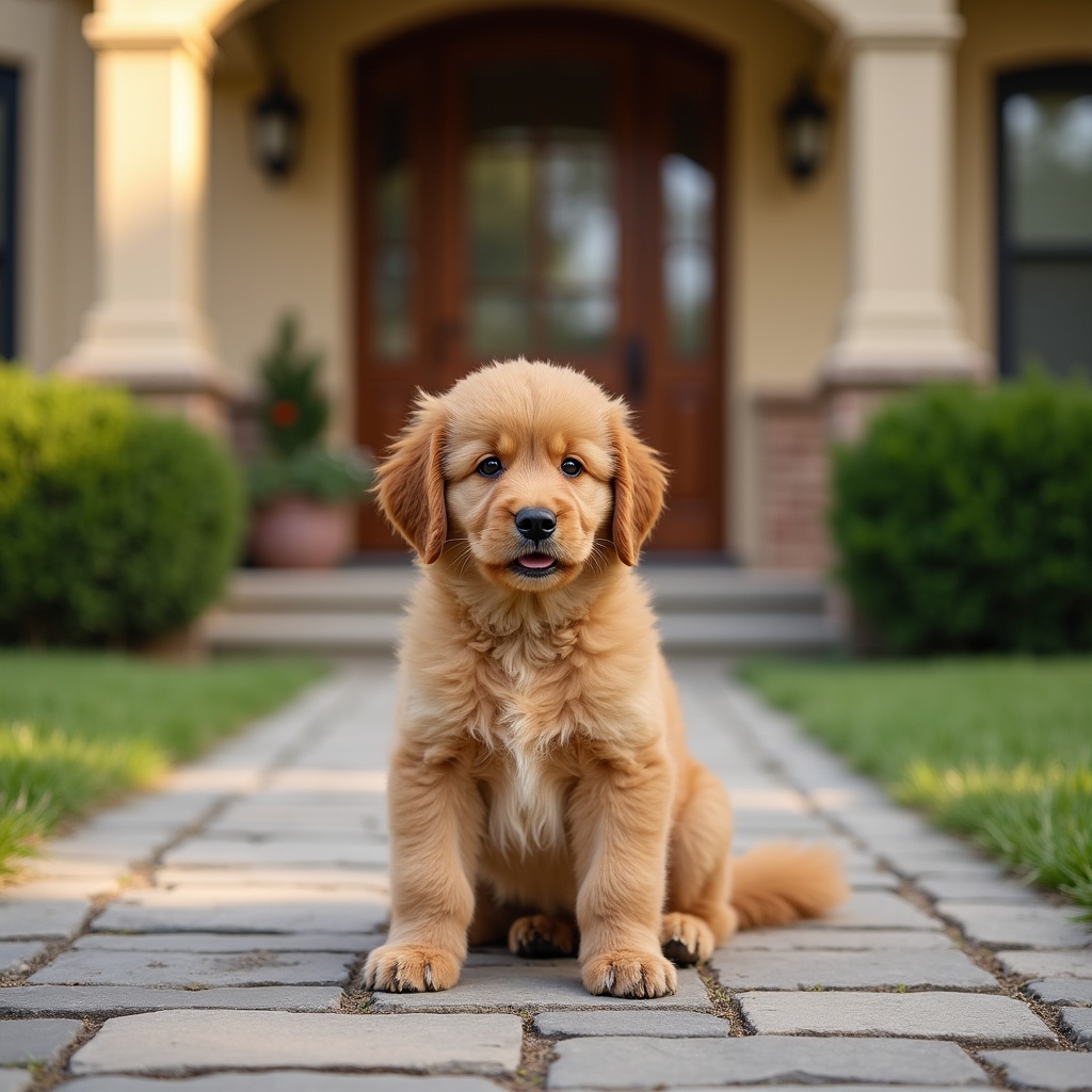 Golden puppy sits on stone pathway Golden puppy sits on stone pathway