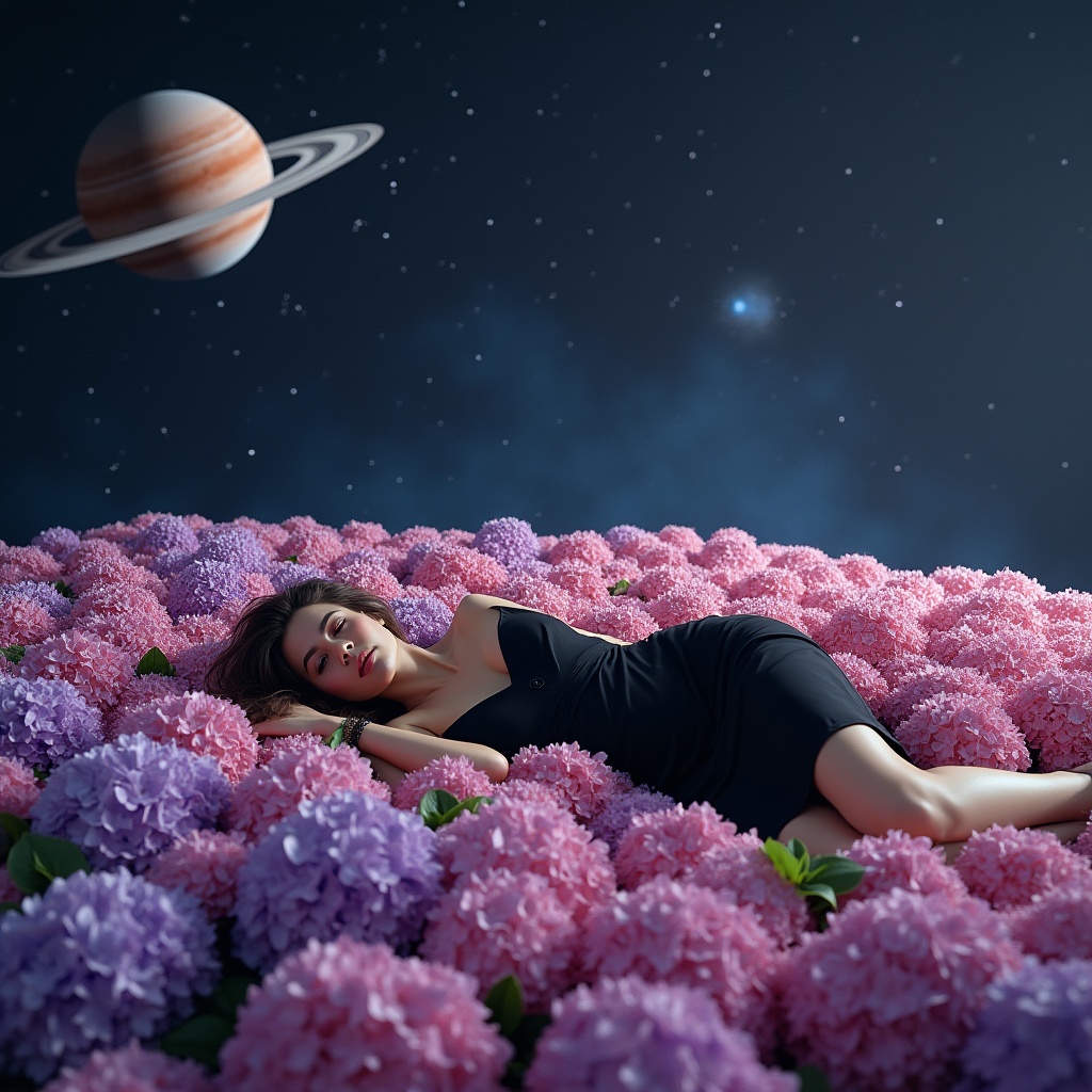 Woman lying on flowers in space Woman lying on flowers in space