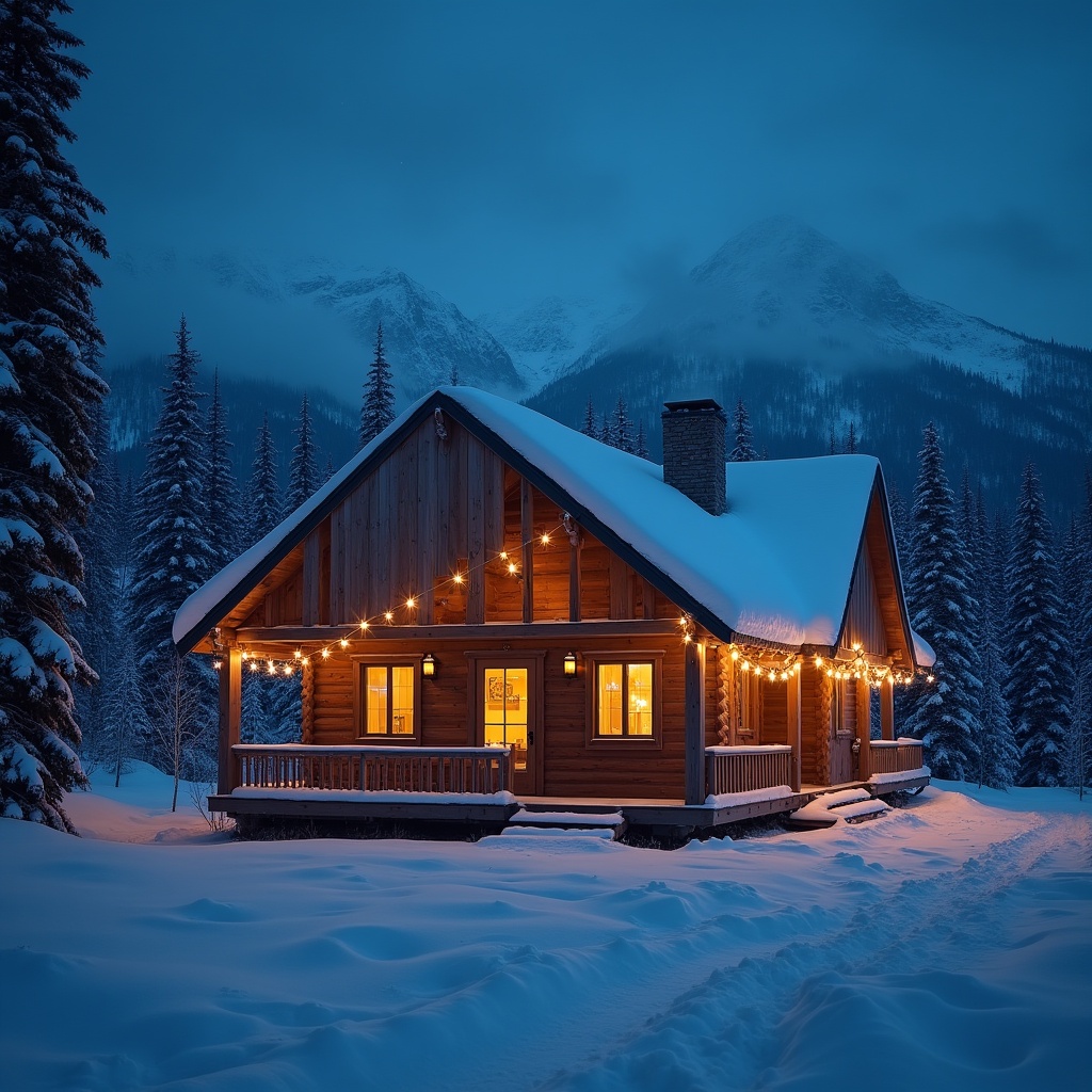 Snowy cabin in the woods at night Snowy cabin in the woods at night