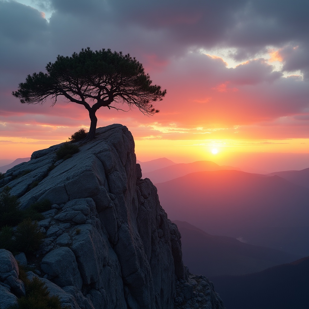 Tree on rock at sunset Tree on rock at sunset