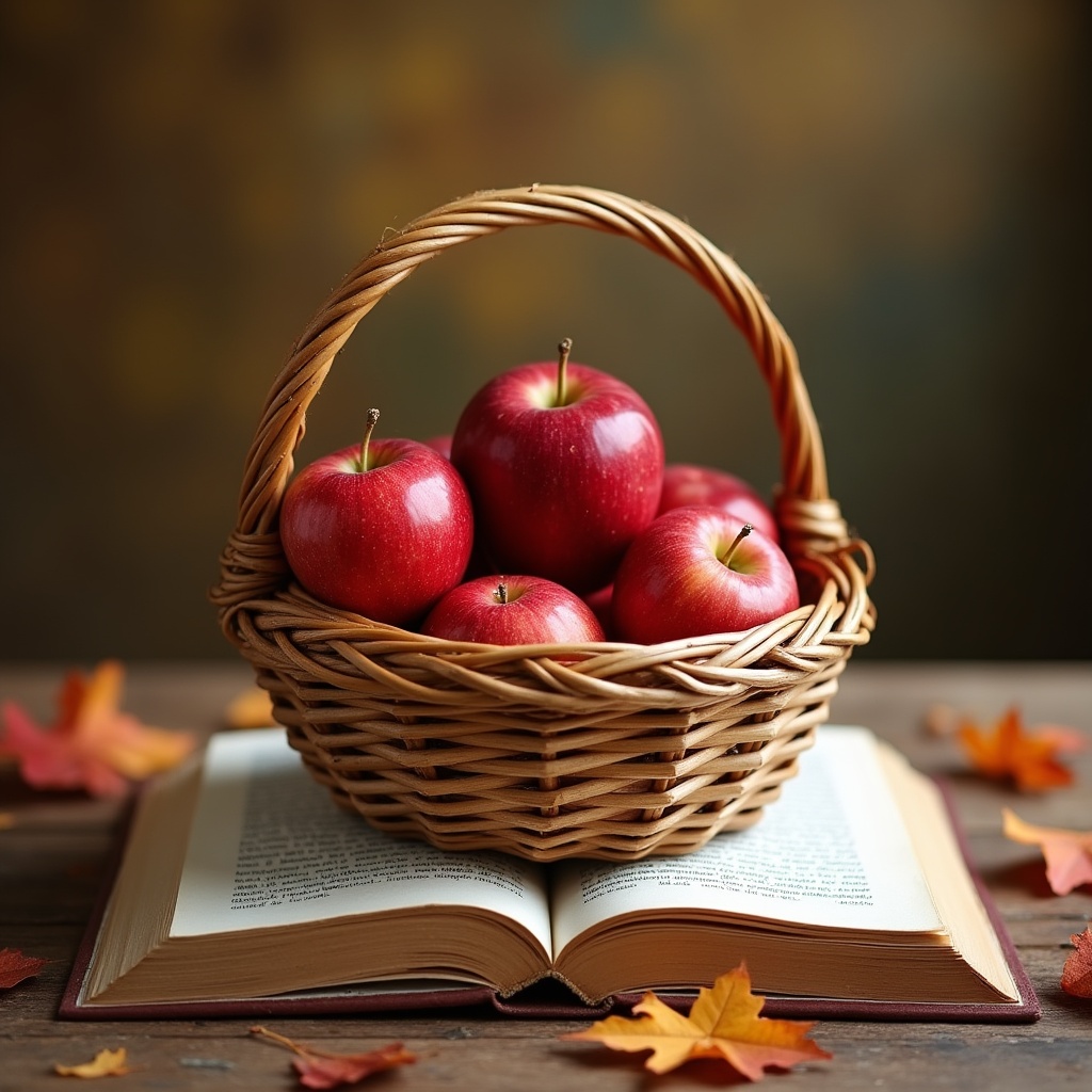 Red apples in basket on book Red apples in basket on book