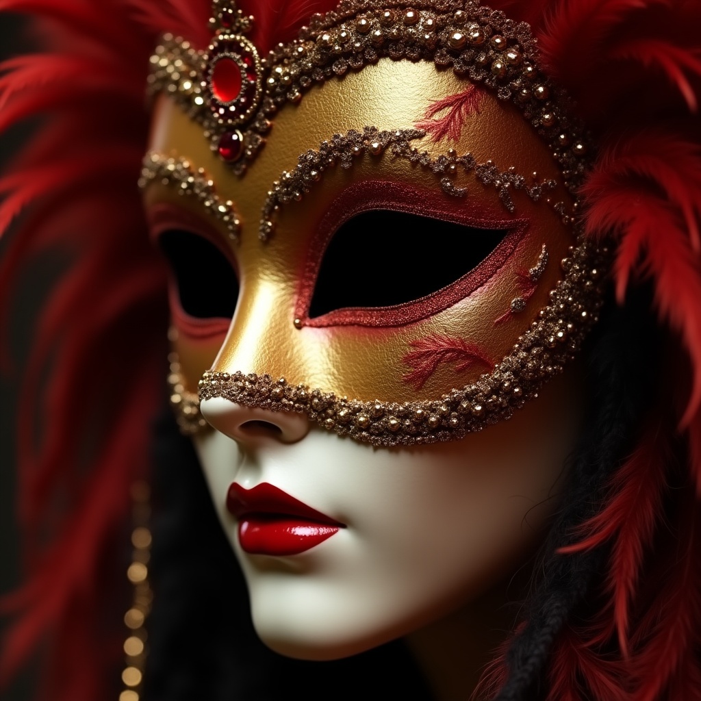 Mask with red feathers and gold details Mask with red feathers and gold details